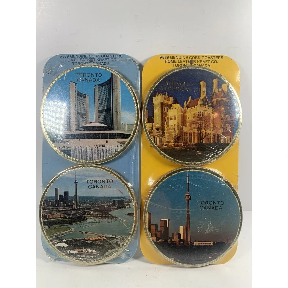 Vintage NOS Home Leather TORONTO CANADA Genuine Cork Coasters Lot Set 8 Man Cave